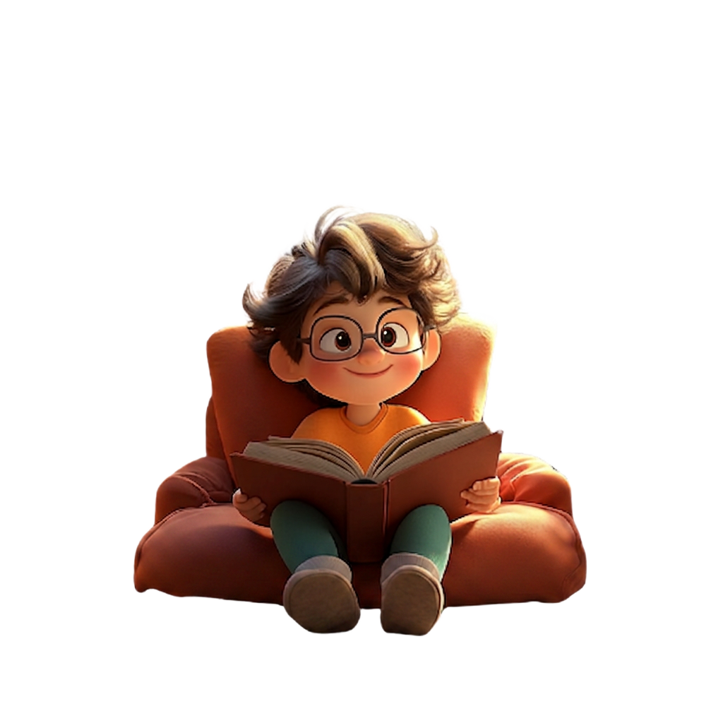 Thomas the bear reading a glowing storybook